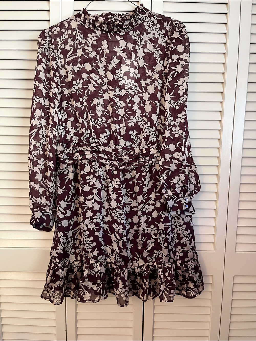 Mango Burgundy and Cream Floral Ruffle hem Dress
